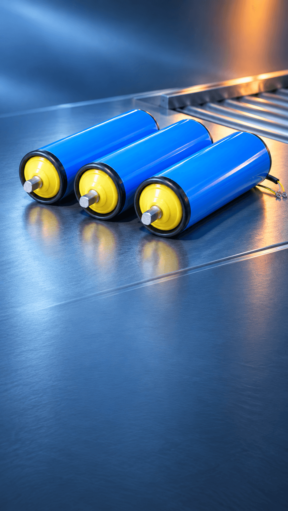 Three complete blue SHUANG SHUN electric drum motors with yellow end caps, shafts and power cable.