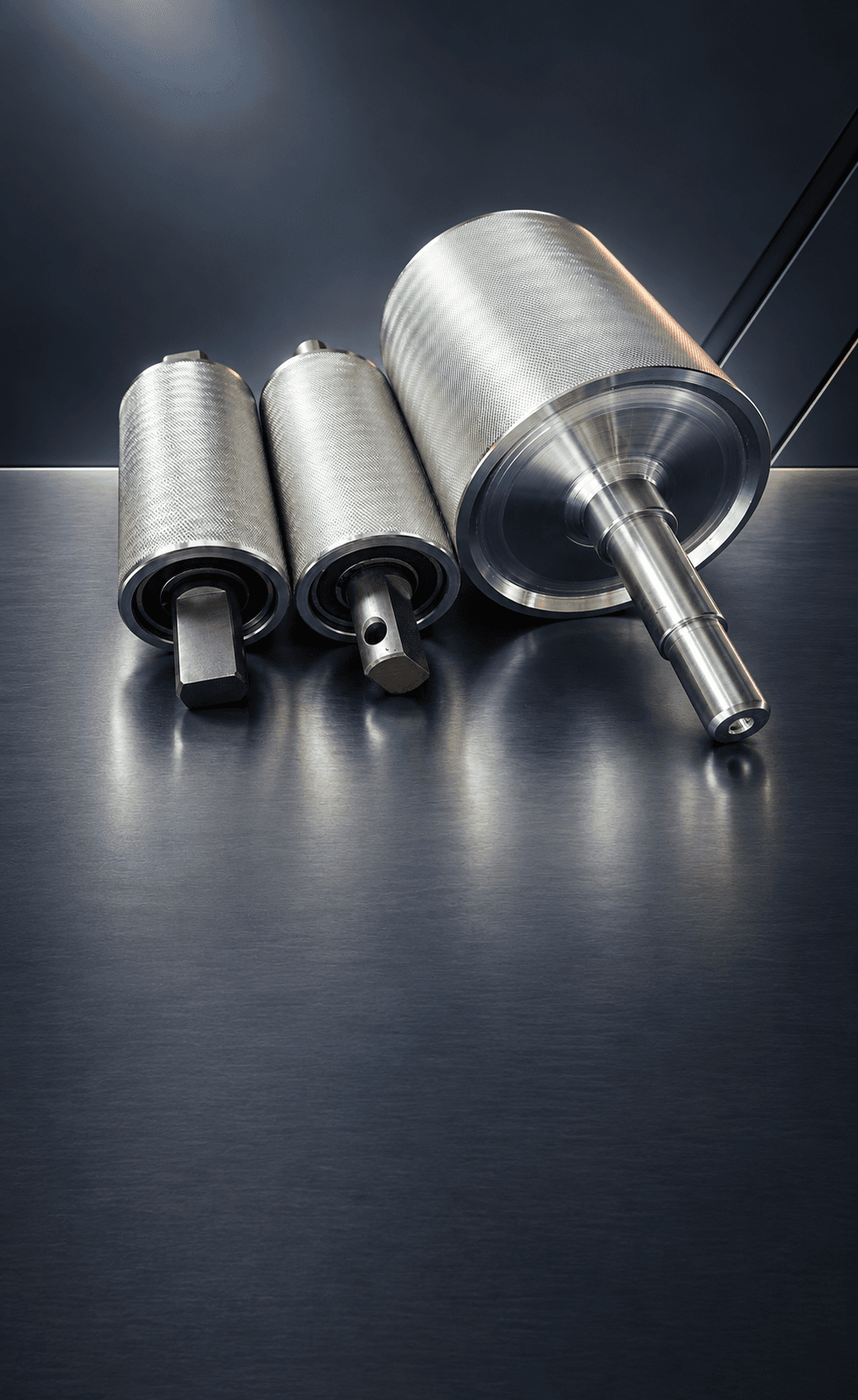 Three SHUANG SHUN precision conveyor rollers with complete shafts and machined steel surfaces.