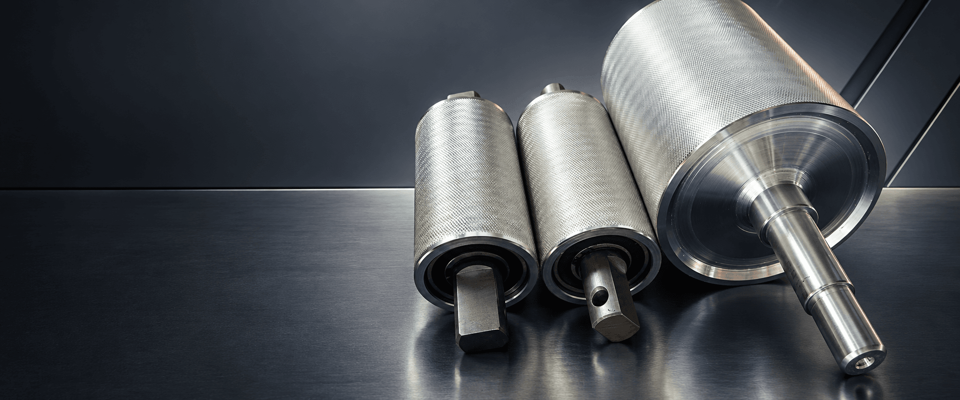 Three SHUANG SHUN precision conveyor rollers with complete shafts and machined steel surfaces.
